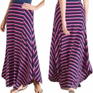 Chicos size 3 16/18 Navy Pink Stripe Stretch Maxi Skirt Flared Vacation modest